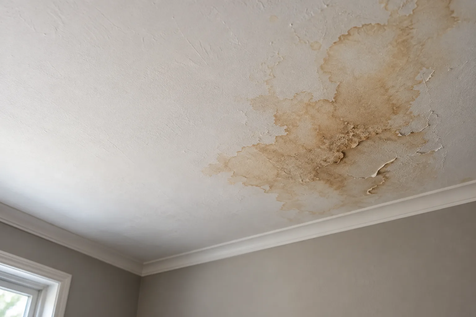 Illustrative brown water stain spreading across an off-white plaster ceiling
